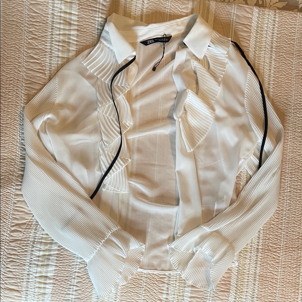 Zara White Long-Sleeve Ruffle-Trim Shirt with Black Piping